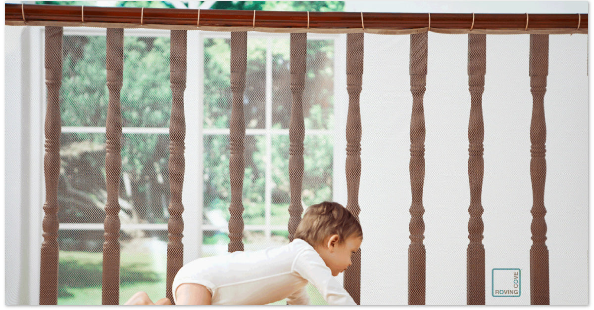Roving Cove Stair Banister Guard 10ft x 3ft, Railing Safety Net for Baby Proofing, Child Safety Gate Cover, Balcony Mesh Netting, Almond Brown. Stairway safety for babies, toddlers, children and pets. Baby proofing deck, patio and balcony.