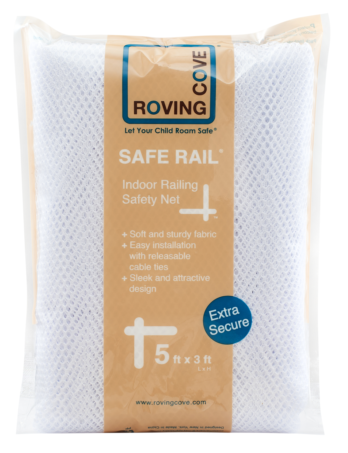 Roving Cove Indoor and Outdoor Banister Guard and Railing Safety Net for baby proofing stairway railing, deck, patio, balcony and beyond. Keep your babies, pets and toys from falling through banisters. Available on Amazon.