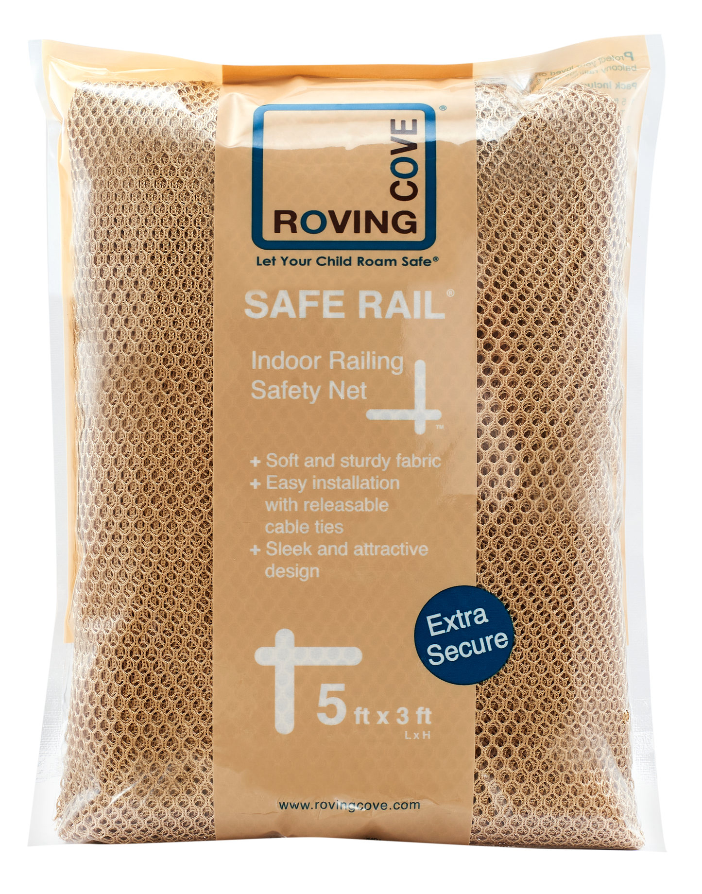 Roving Cove Indoor and Outdoor Banister Guard and Railing Safety Net for baby proofing stairway railing, deck, patio, balcony and beyond. Keep your babies, pets and toys from falling through banisters. Available on Amazon.