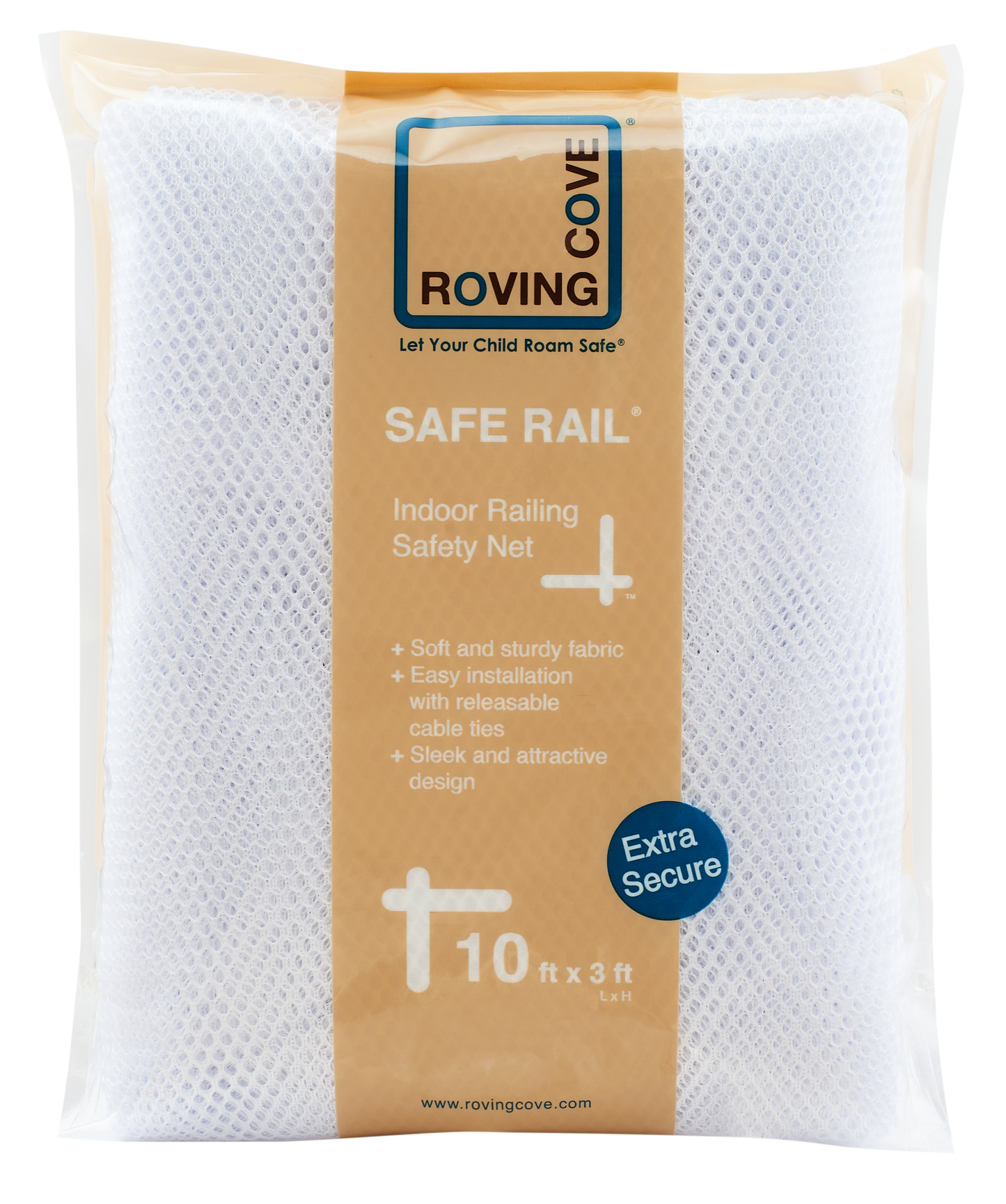 Roving Cove Indoor and Outdoor Banister Guard and Railing Safety Net for baby proofing stairway railing, deck, patio, balcony and beyond. Keep your babies, pets and toys from falling through banisters. Available on Amazon.