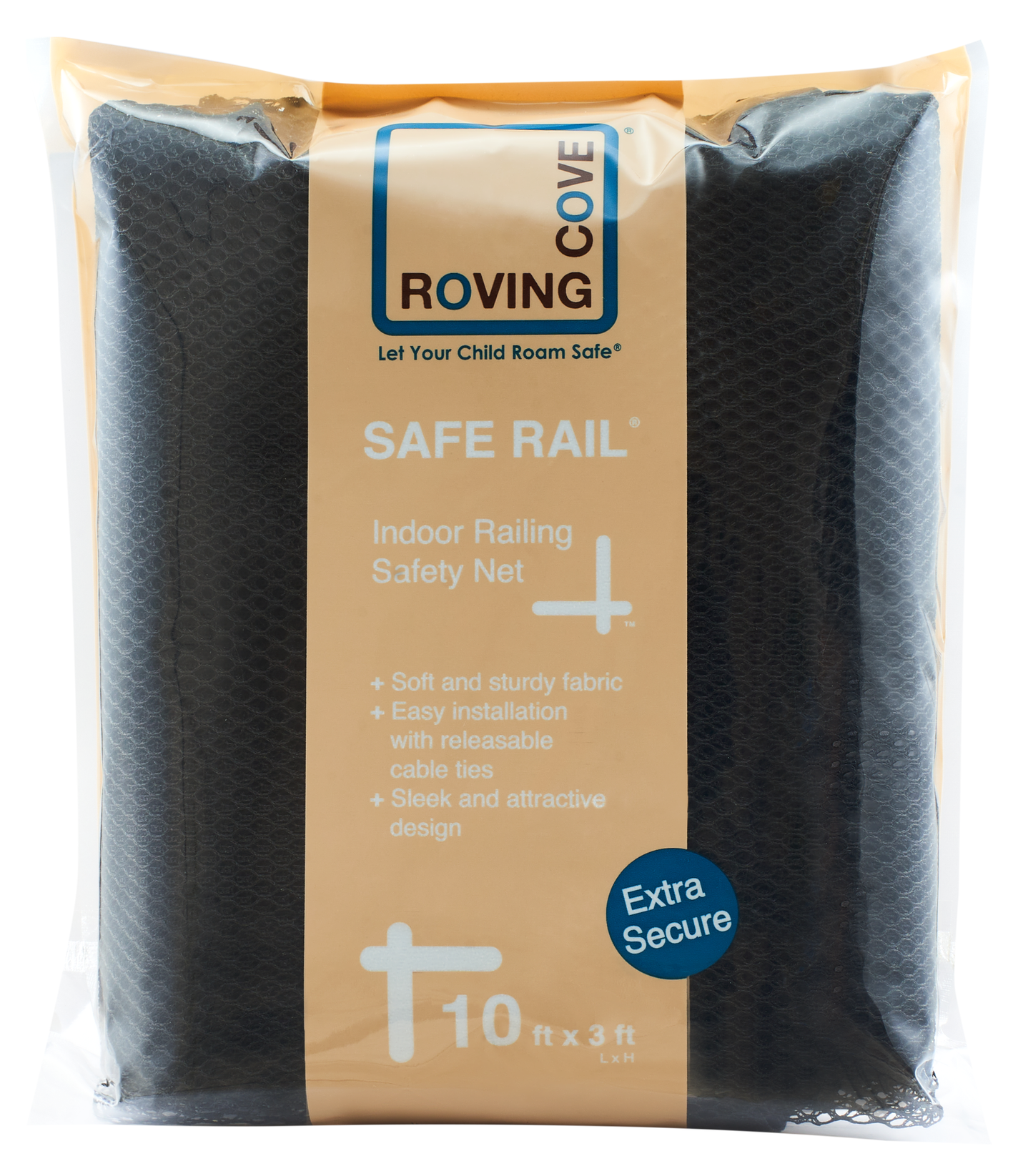 Roving Cove Indoor and Outdoor Banister Guard and Railing Safety Net for baby proofing stairway railing, deck, patio, balcony and beyond. Keep your babies, pets and toys from falling through banisters. Available on Amazon.