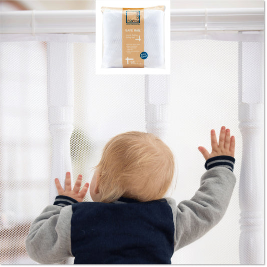 Roving Cove Indoor and Outdoor Banister Guard and Railing Safety Net for baby proofing stairway railing, deck, patio, balcony and beyond. Keep your babies, pets and toys from falling through banisters. Available on Amazon.