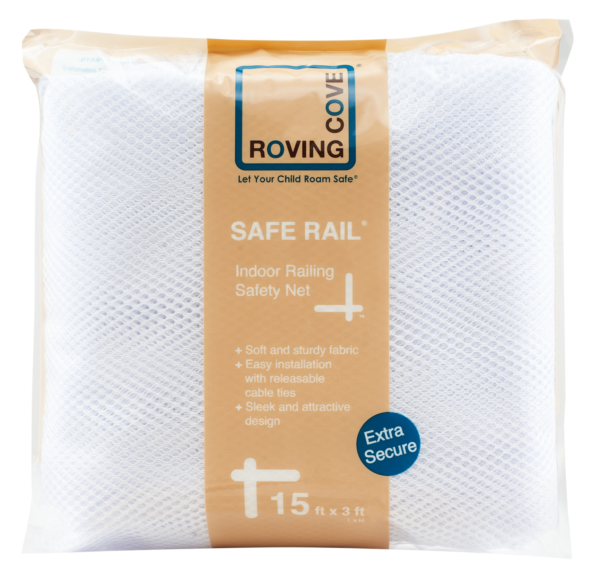 Roving Cove Indoor and Outdoor Banister Guard and Railing Safety Net for baby proofing stairway railing, deck, patio, balcony and beyond. Keep your babies, pets and toys from falling through banisters. Available on Amazon.