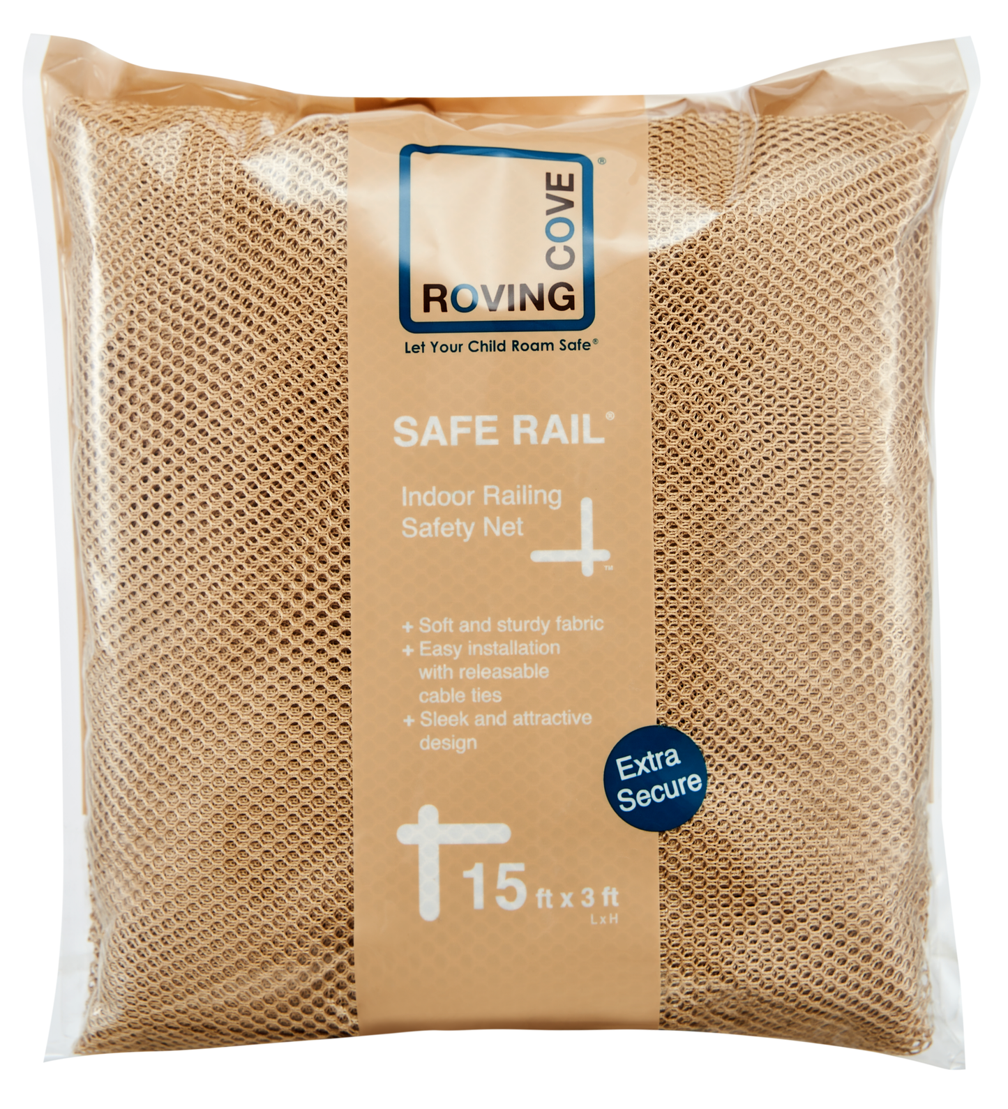 Roving Cove Indoor and Outdoor Banister Guard and Railing Safety Net for baby proofing stairway railing, deck, patio, balcony and beyond. Keep your babies, pets and toys from falling through banisters. Available on Amazon.