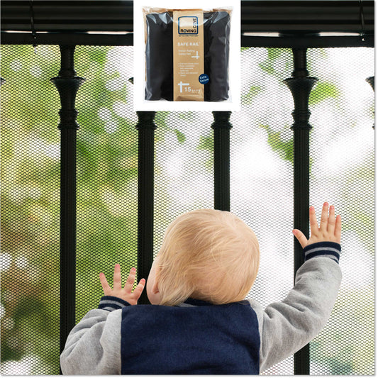 Roving Cove Indoor and Outdoor Banister Guard and Railing Safety Net for baby proofing stairway railing, deck, patio, balcony and beyond. Keep your babies, pets and toys from falling through banisters. Available on Amazon. 