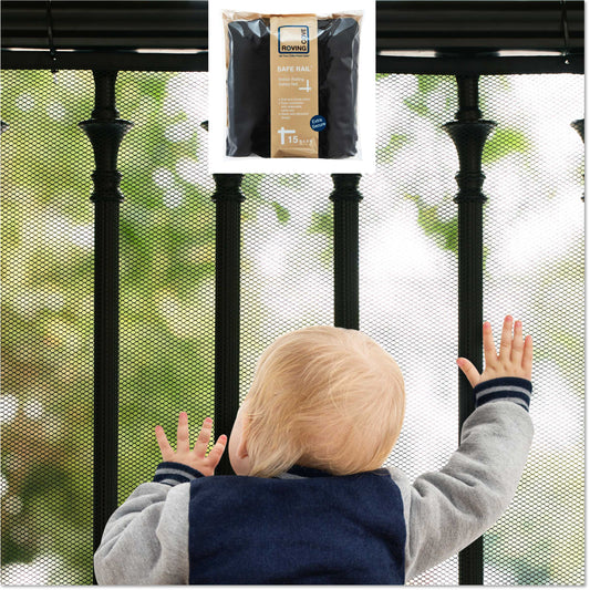 Roving Cove Indoor and Outdoor Banister Guard and Railing Safety Net for baby proofing stairway railing, deck, patio, balcony and beyond. Keep your babies, pets and toys from falling through banisters. Available on Amazon.