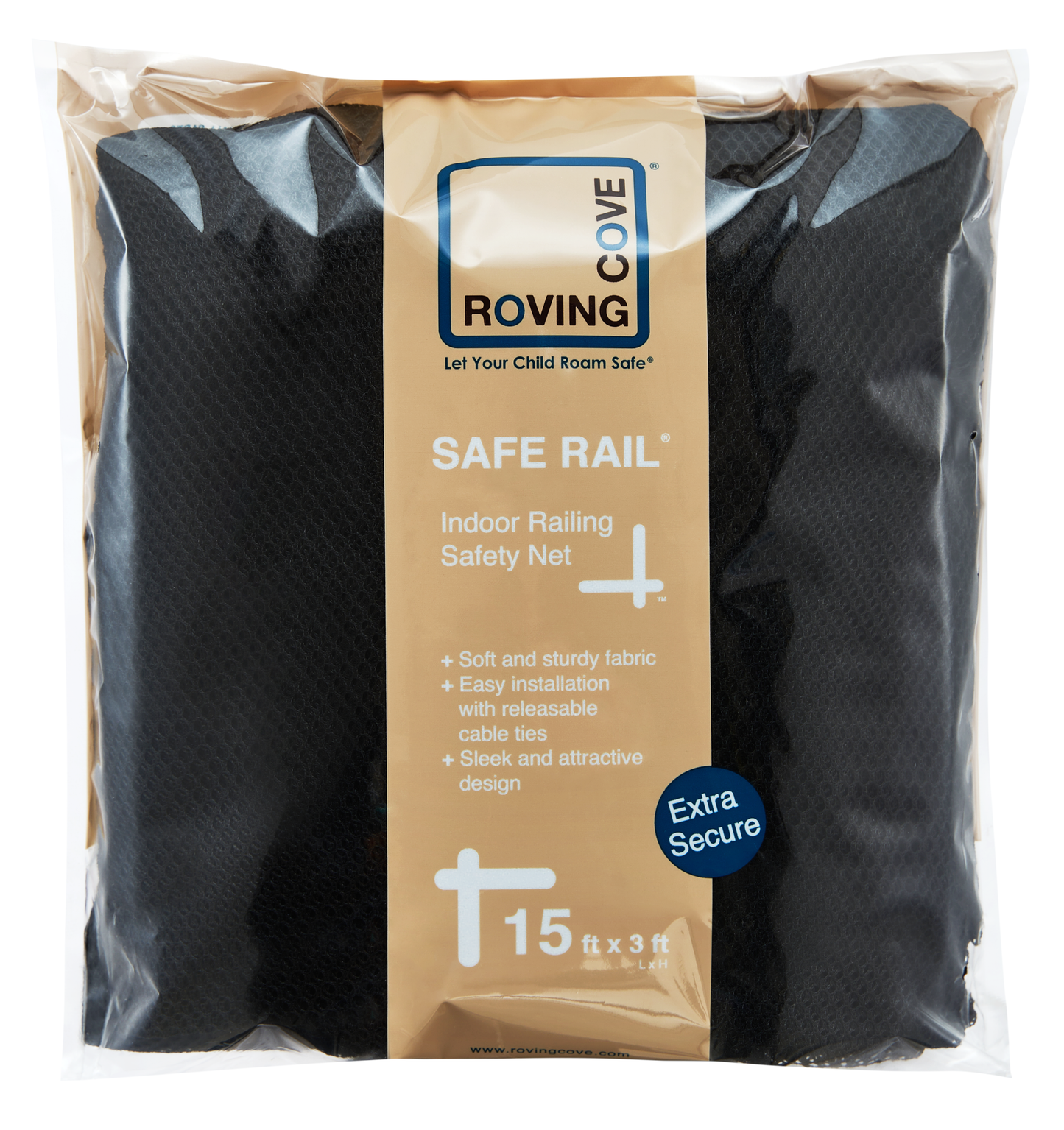 Roving Cove Indoor and Outdoor Banister Guard and Railing Safety Net for baby proofing stairway railing, deck, patio, balcony and beyond. Keep your babies, pets and toys from falling through banisters. Available on Amazon.