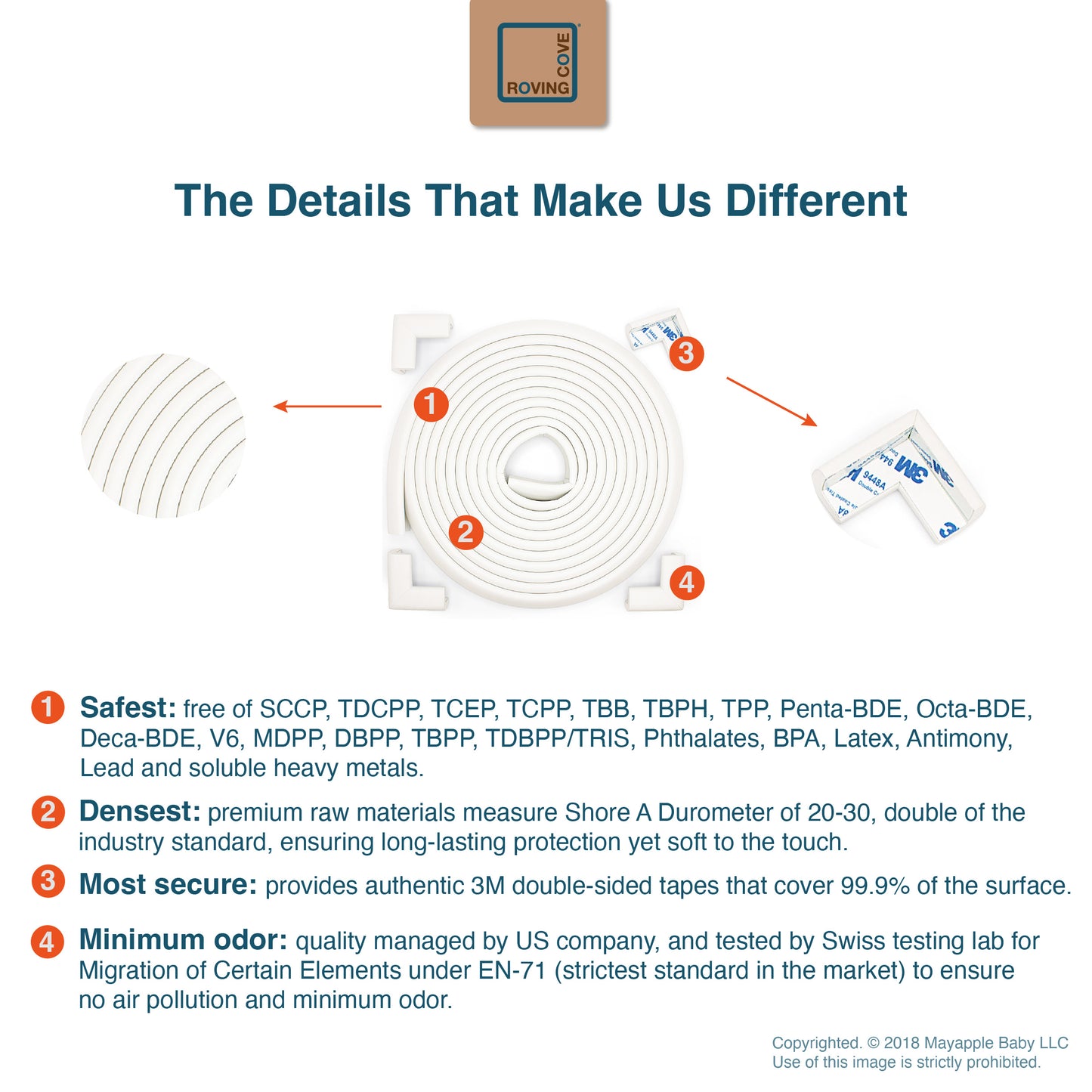 Roving Cove Edge and Corner Protector for Baby Proofing. Soft NBR Rubber Foam. Furniture and Fireplace Safety Corner Edge Bumper Guard, 3M Adhesive. Protect you and your loved ones from dangerous sharp edge and corners of fireplace, hearths, tables, desks, shelves, bed frames, and other furniture in your home.