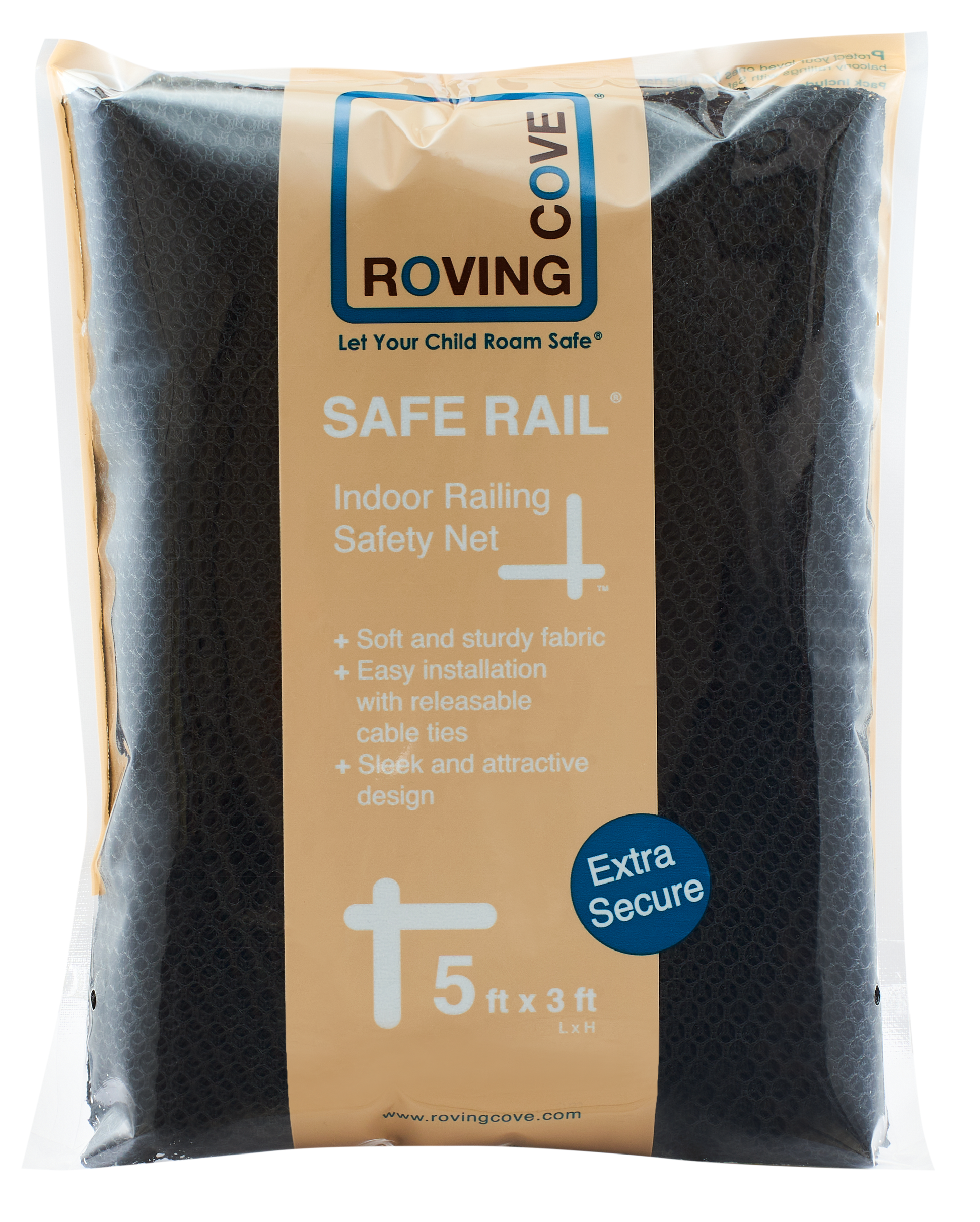 Roving Cove Indoor and Outdoor Banister Guard and Railing Safety Net for baby proofing stairway railing, deck, patio, balcony and beyond. Keep your babies, pets and toys from falling through banisters. Available on Amazon.