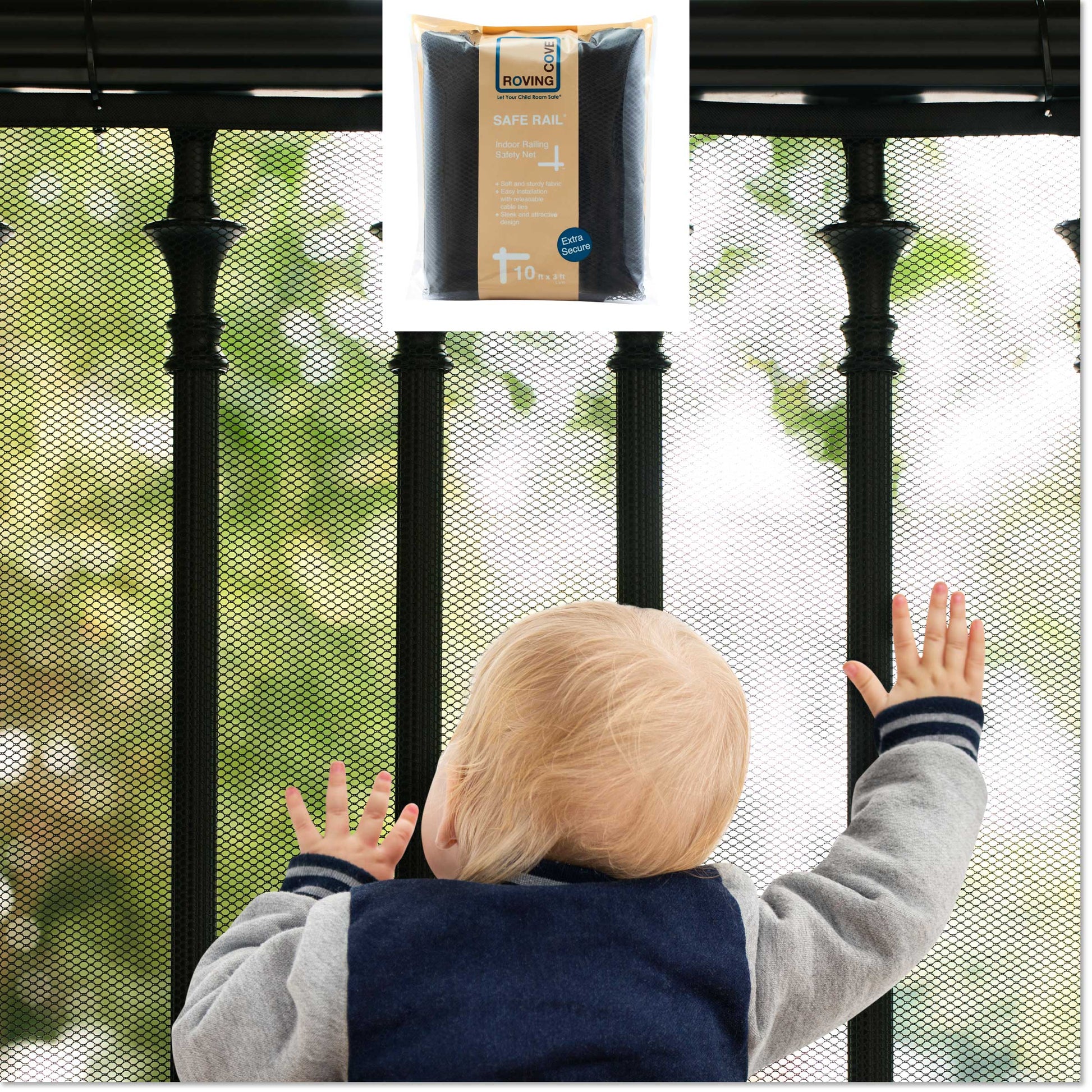 Roving Cove Indoor and Outdoor Banister Guard and Railing Safety Net for baby proofing stairway railing, deck, patio, balcony and beyond. Keep your babies, pets and toys from falling through banisters. Available on Amazon. 