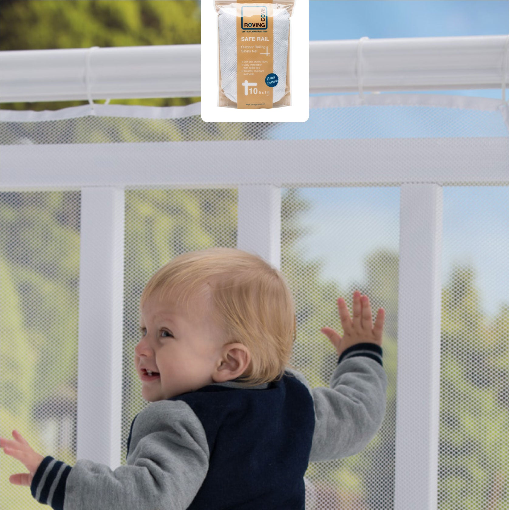 Roving Cove Indoor and Outdoor Banister Guard and Railing Safety Net for baby proofing stairway railing, deck, patio, balcony and beyond. Keep your babies, pets and toys from falling through banisters. Available on Amazon. 