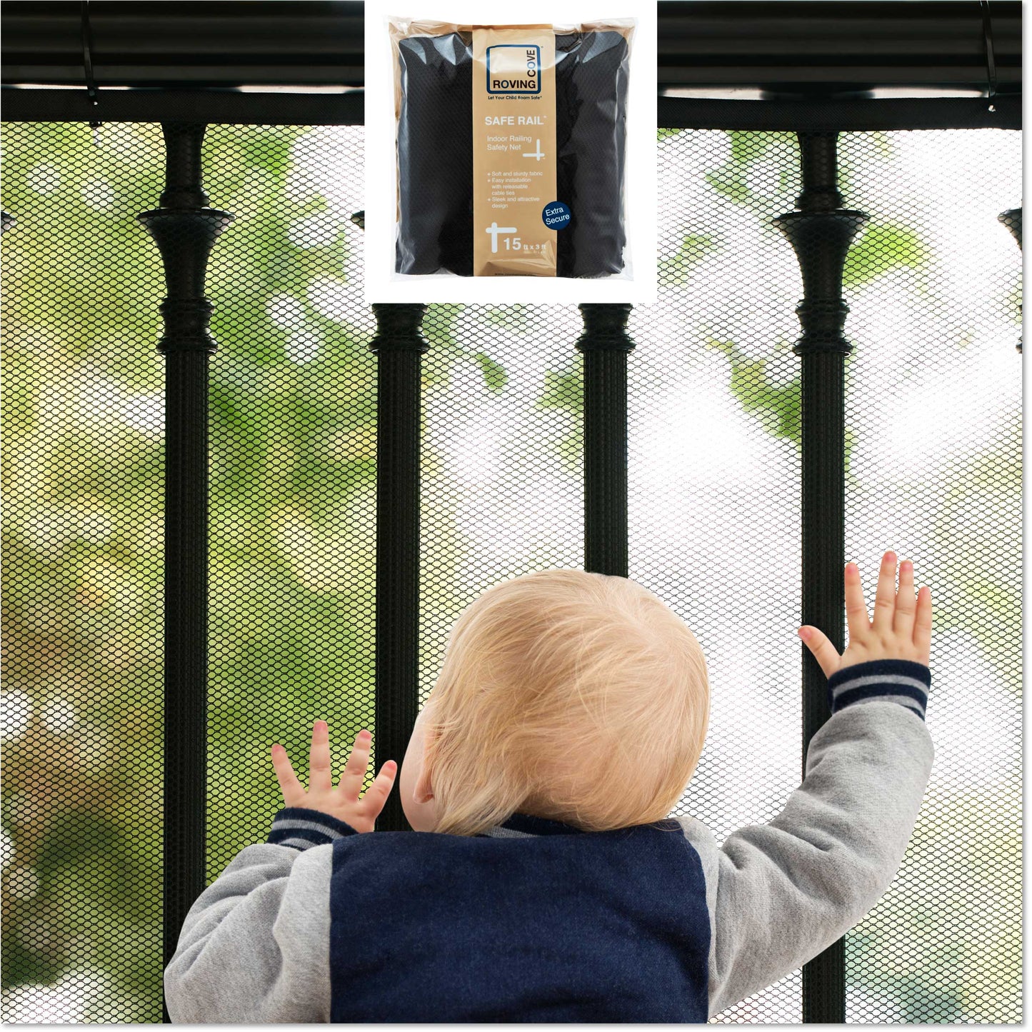 Roving Cove Indoor and Outdoor Banister Guard and Railing Safety Net for baby proofing stairway railing, deck, patio, balcony and beyond. Keep your babies, pets and toys from falling through banisters. Available on Amazon. 