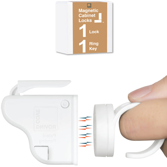 Roving Cove Magnetic Cabinet Drawer Locks with Ring Key for Baby Proofing and Child Safety. 3M Adhesive, no drilling or template. Concealed in cabinets, drawers and cupboards. Keep babies and pets safe from dangerous items in your kitchen and bathroom.
