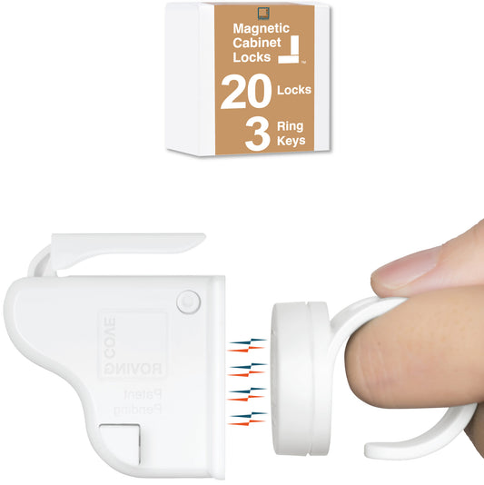 Roving Cove Magnetic Cabinet Drawer Locks with Ring Key for Baby Proofing and Child Safety. 3M Adhesive, no drilling or template. Concealed in cabinets, drawers and cupboards. Keep babies and pets safe from dangerous items in your kitchen and bathroom.