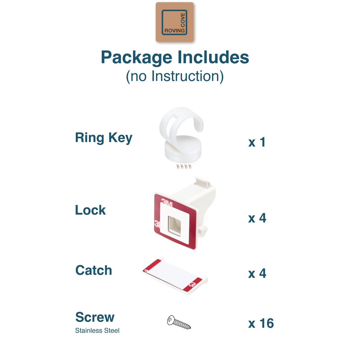 Roving Cove Magnetic Cabinet Drawer Locks with Ring Key for Baby Proofing and Child Safety. 3M Adhesive, no drilling or template. Concealed in cabinets, drawers and cupboards. Keep babies and pets safe from dangerous items in your kitchen and bathroom. Universal Replacement Key. Starter Tape.